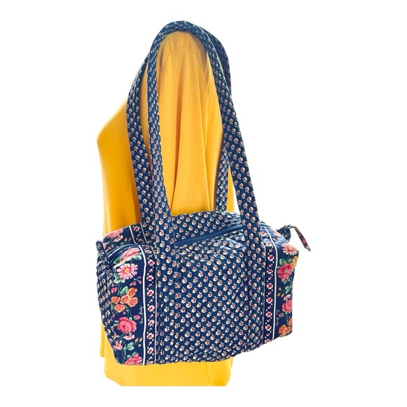 90s Vintage Vera Bradley Mini Duffel in Indiana Pattern Royal Blue Pocket Sides - Picture 3 of 17